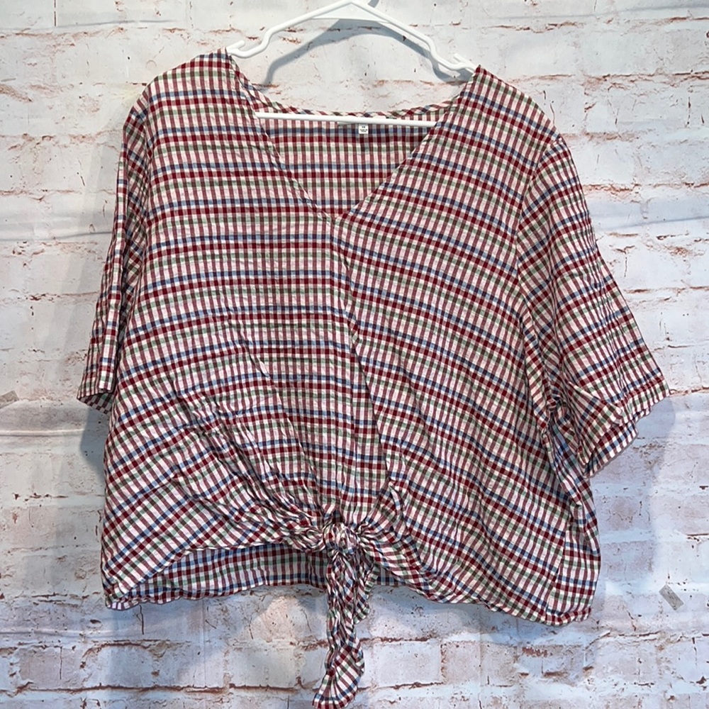 Madewell tie front top rainbow gingham check 3X v-neck short sleeve pullover